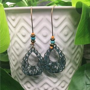 3/$22🩶 Ornate Bronze Teal Patina Hollow Design Earrings Bead Southwestern NEW